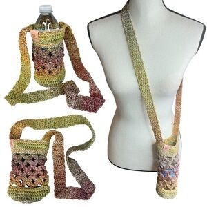 Crochet Crossbody Water Bottle Holder Bag Multicolor Handcrafted Cotton Handmade